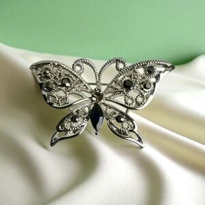 Vintage silver tone butterfly brooch pin with black stones NWOT